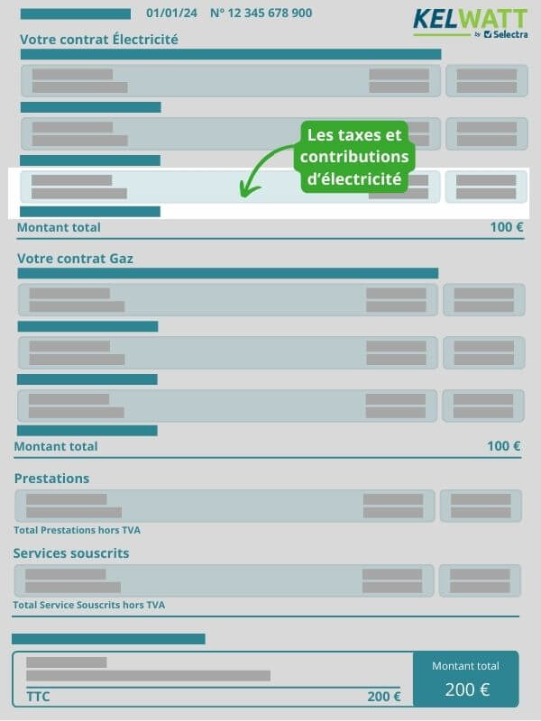 détails sur les taxes et les contributions d'électricité de la facture d'énergie